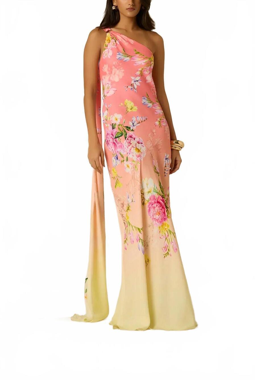 NEW HEMANT & NANDITA avya one shoulder sash dress in pink multi - Picture 6 of 10